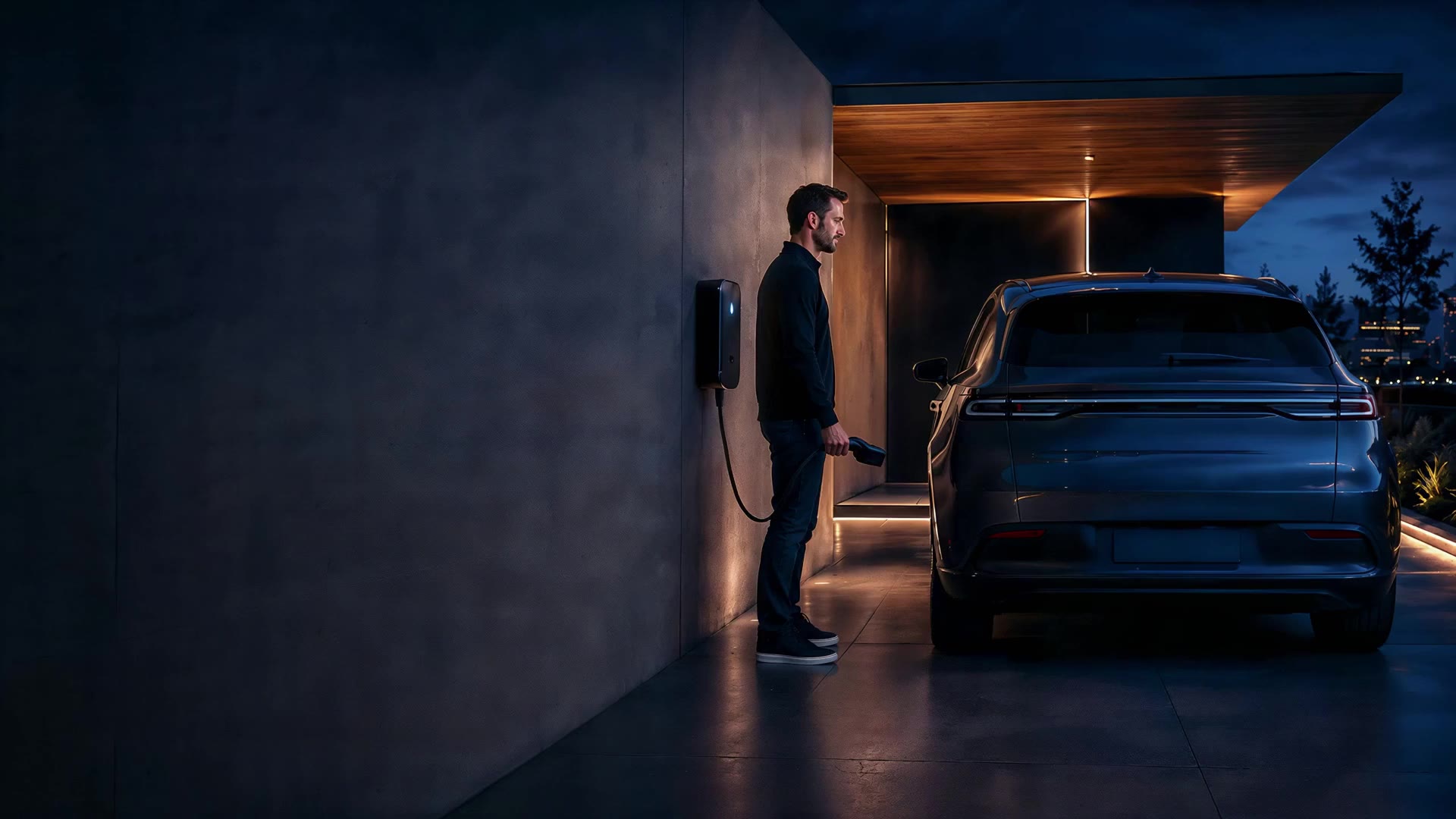 An electric car approaching a charging point