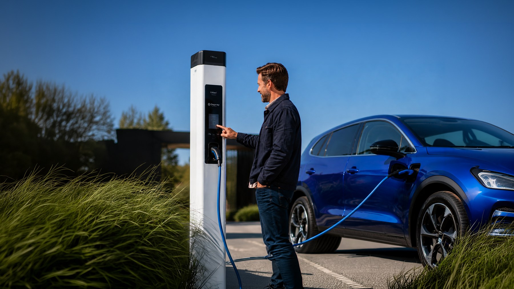 A driver using an electric vehicle charging point