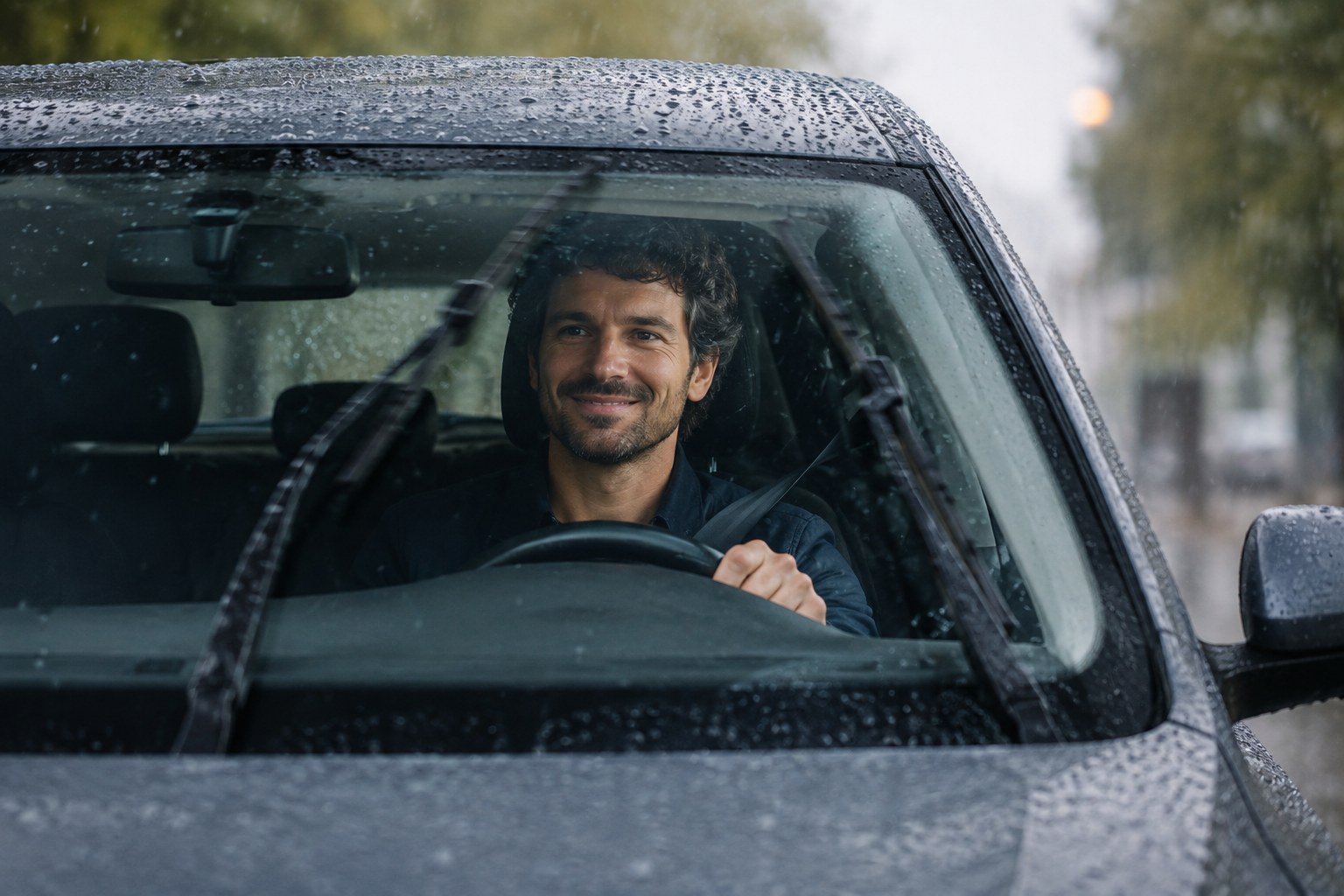 A driver travelling safely in an electric car during the rain