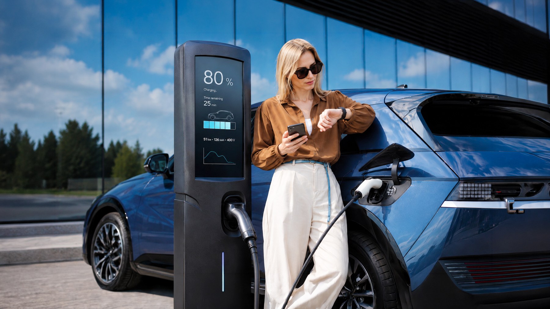 A driver checking the time while an electric vehicle fast-charges to 80 percent