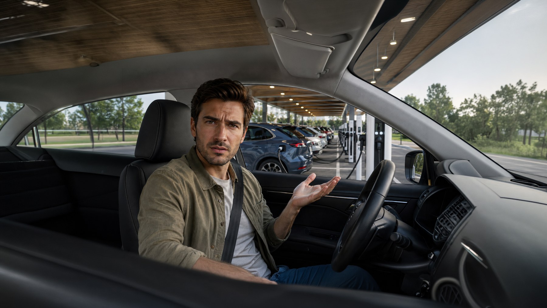 A driver considering the public EV chargers available at a charging station