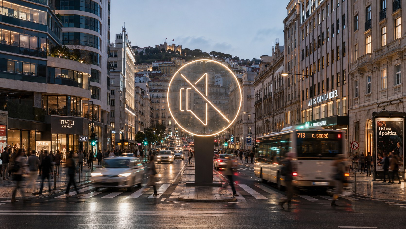 A busy city street illustrating the potential for quieter electric mobility