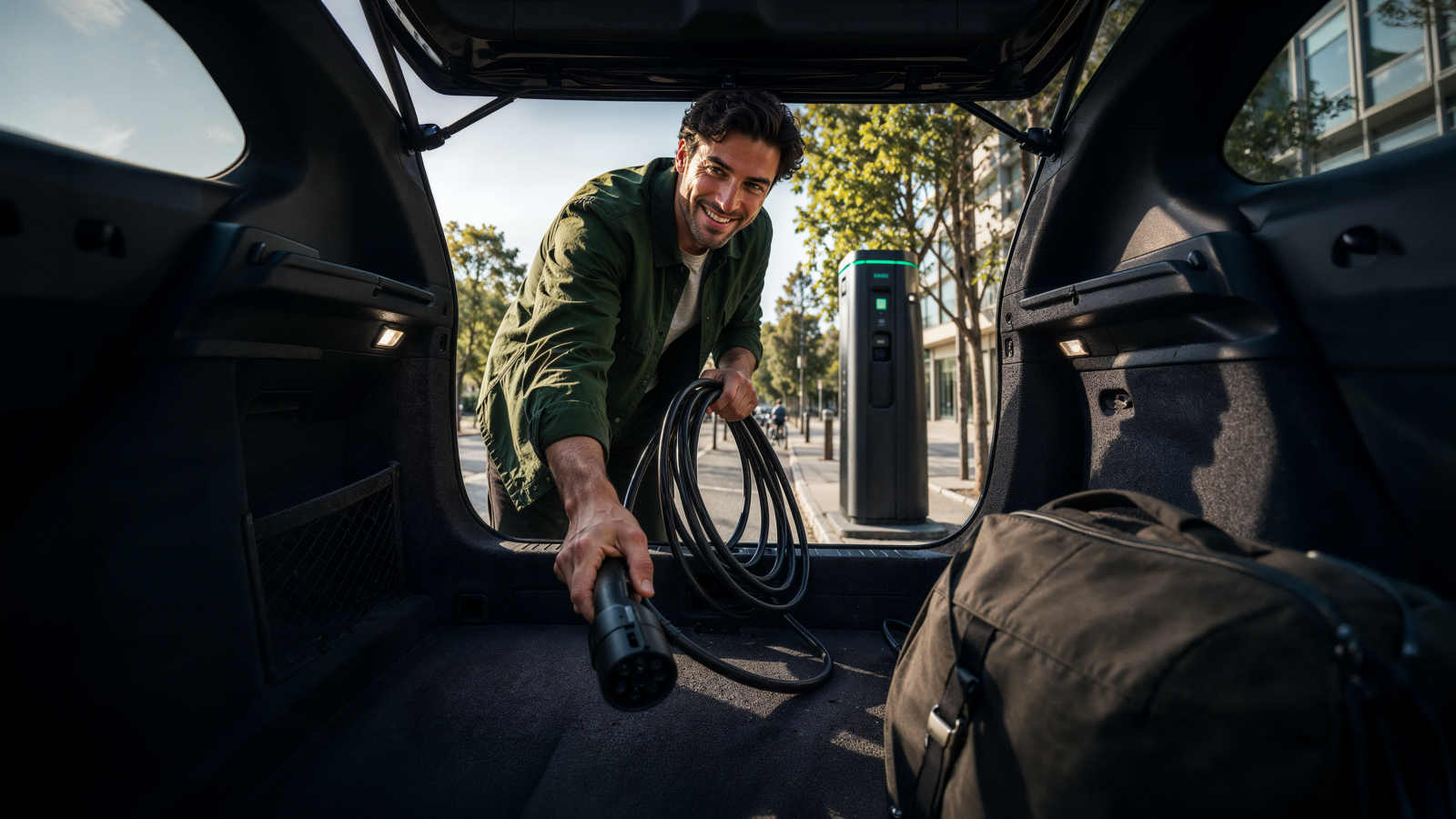 Man taking an EV charging cable from the boot of an electric car, with a public charging station in the background.