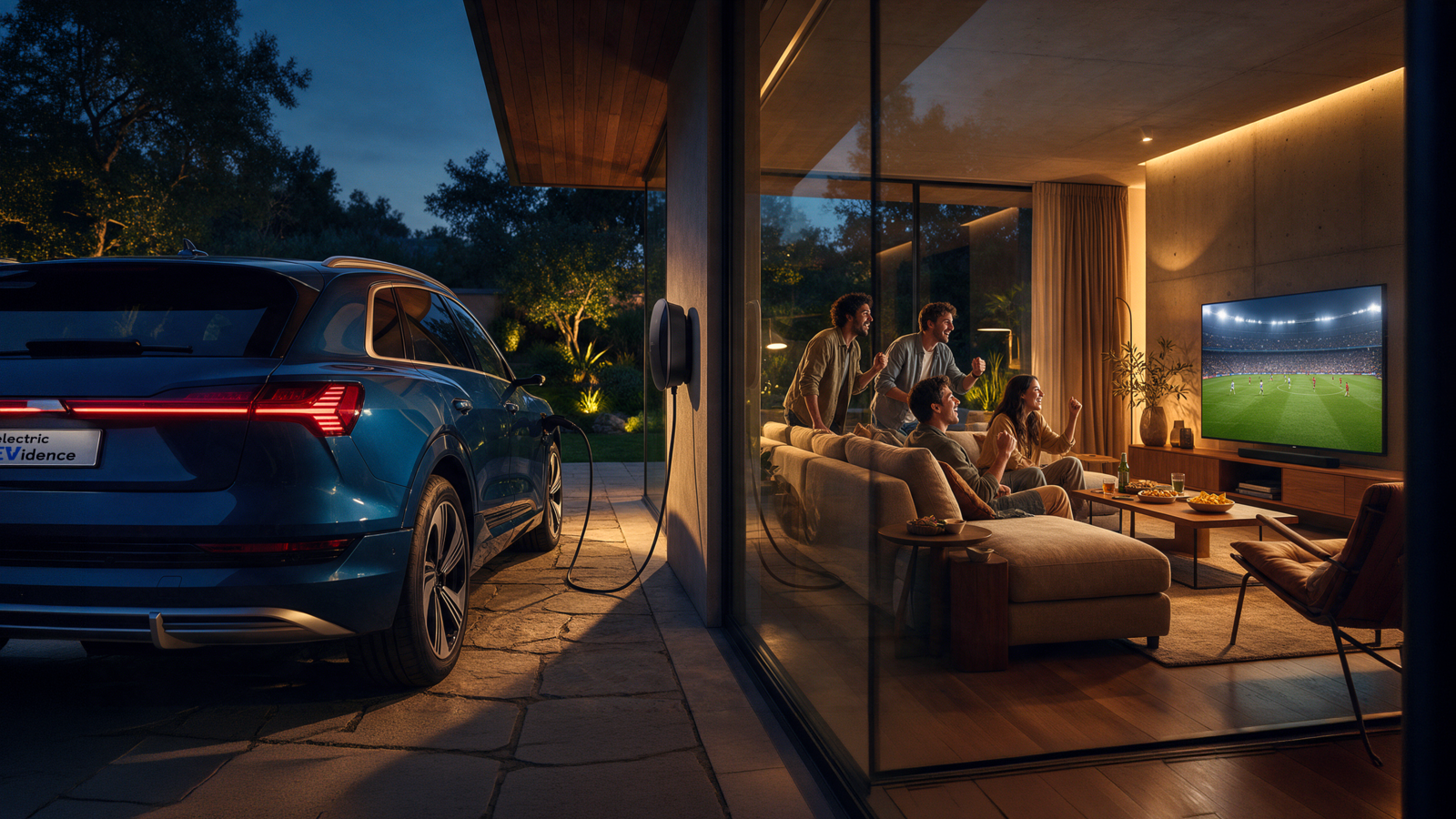Blue electric SUV connected to a home charging system beside a modern house, while four friends watch TV in a brightly lit living room.