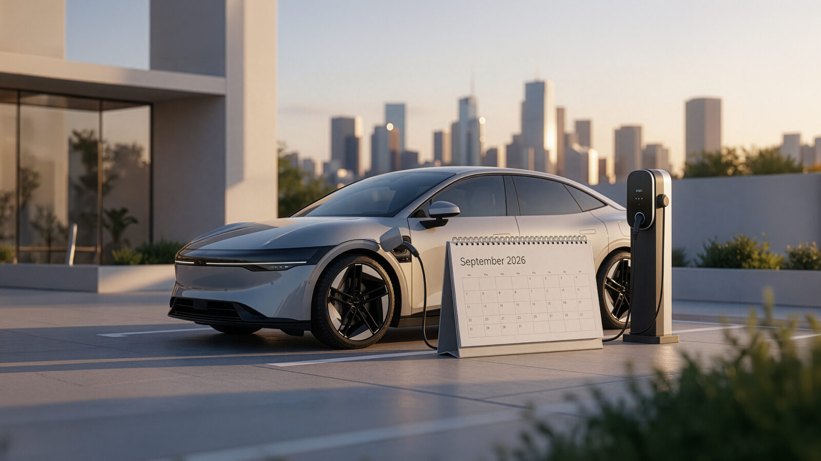 Electric car charging beside a desk calendar showing September 2026.