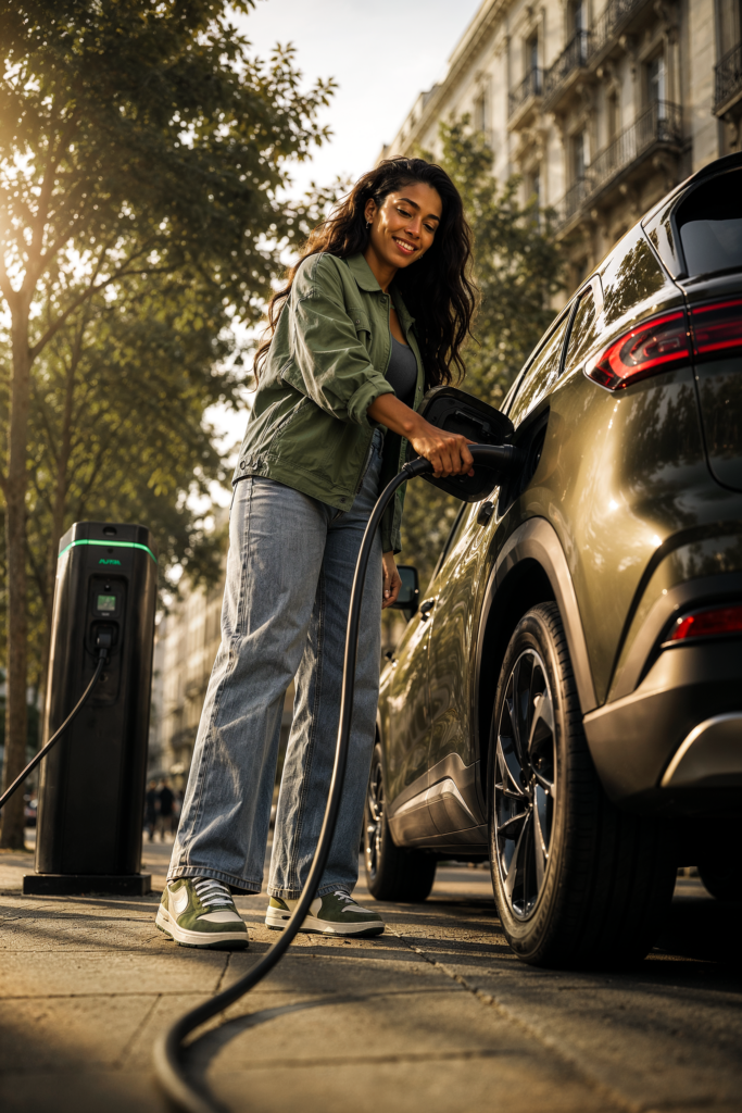 Woman plugging a charging cable into an electric car at a public EV charging station on a city street.