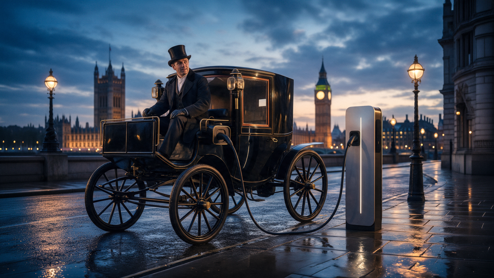 Illustration of an early electric car in London, with a driver in period clothing and a modern EV charging station nearby.
