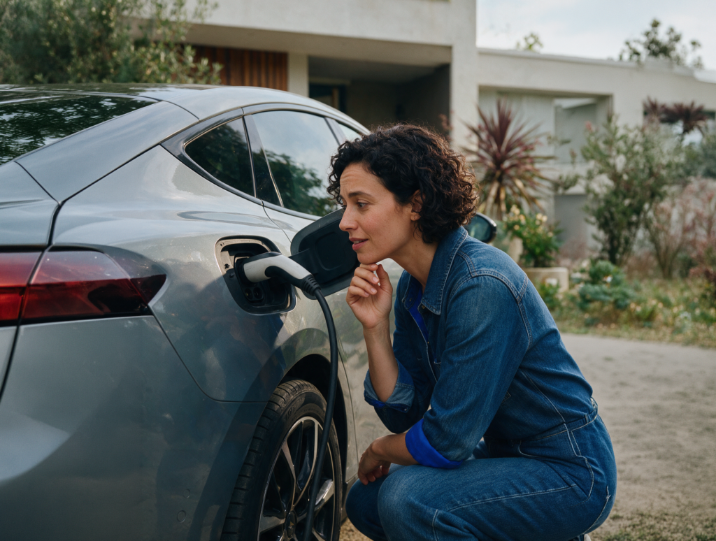Woman crouching beside an electric car while looking closely at the charging port and connected cable.