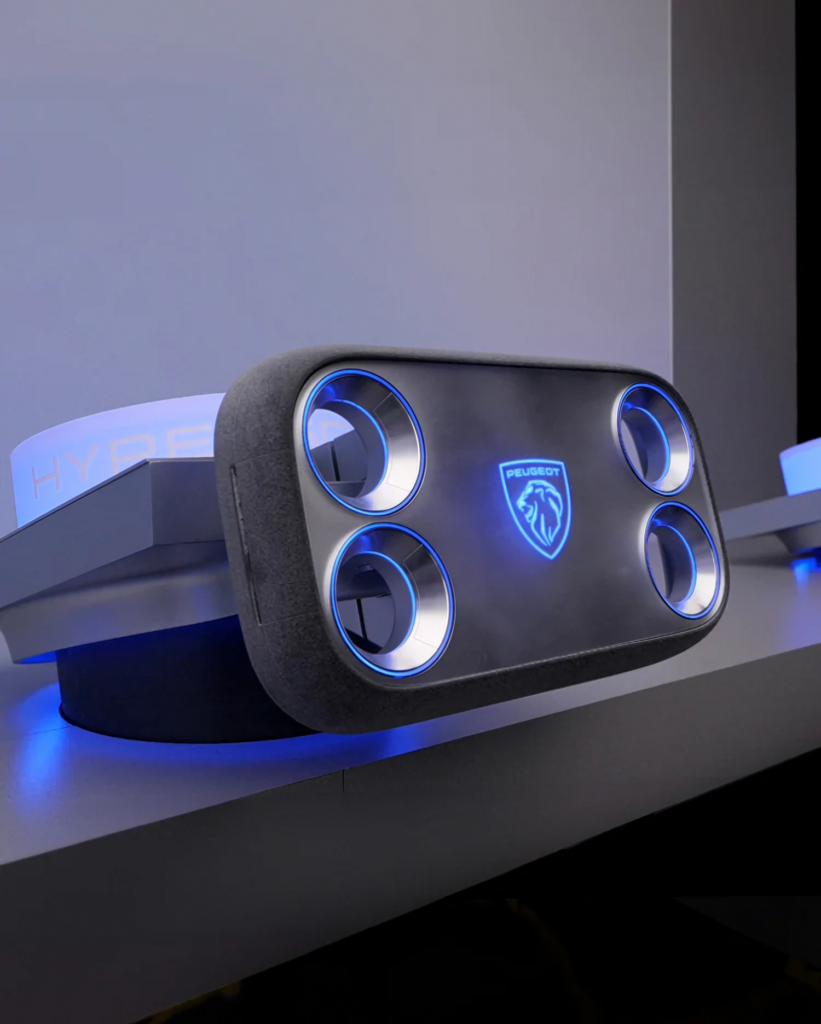 Peugeot Hypersquare steering control with illuminated blue details and Peugeot logo.