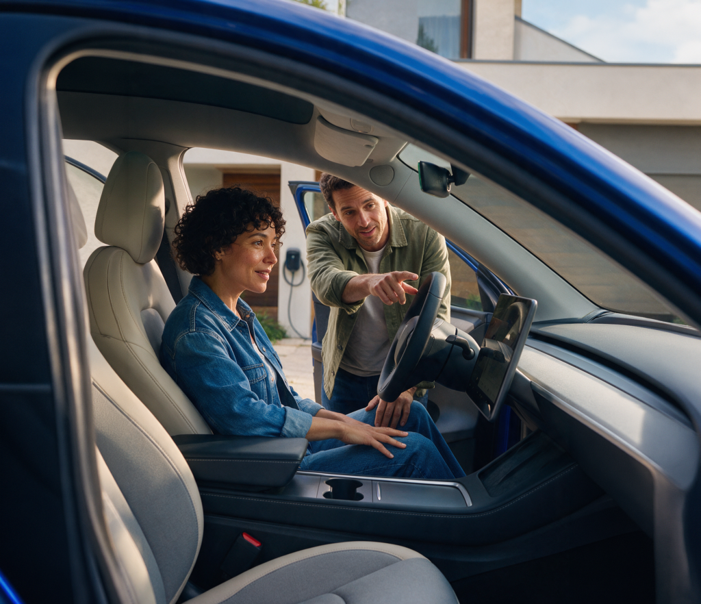 Woman sitting in the driver’s seat of an electric car while a man points towards the dashboard and explains how it works.