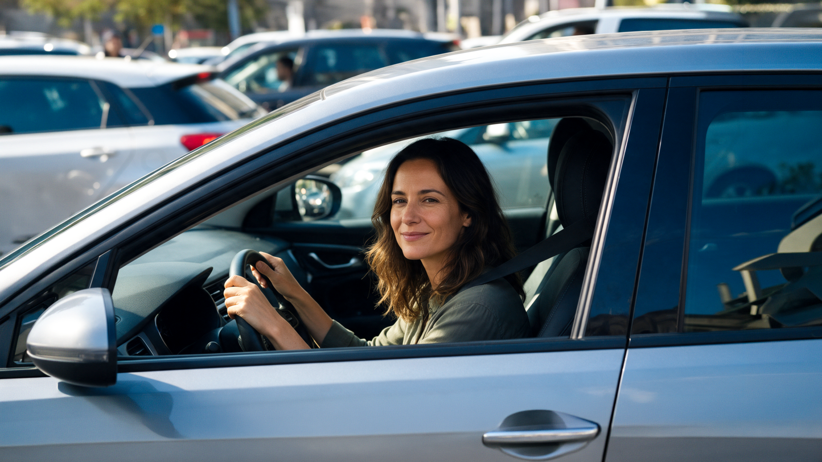 Woman driving an electric car in busy city traffic