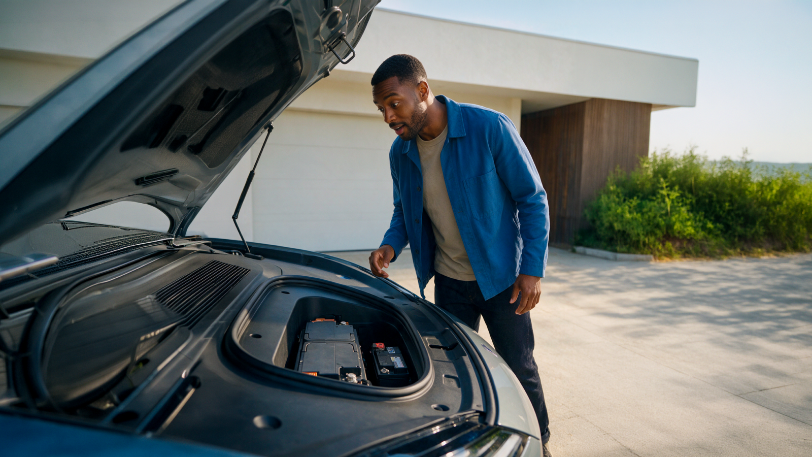 Man looking under the bonnet of an electric car at two visible battery systems.